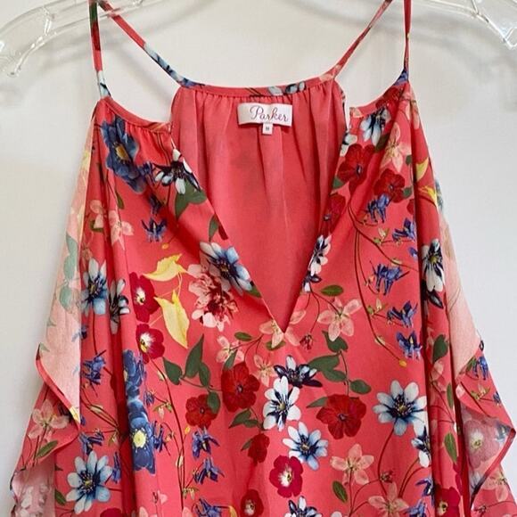 Parker Pink Floral Print Keyhole Ruffle Tank Top - M - Picture 10 of 13